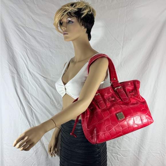 DOONEY AND BOURKE Red Leather Croc Embossed Drawstring Tote Satchel Shoulder Bag - Picture 15 of 15